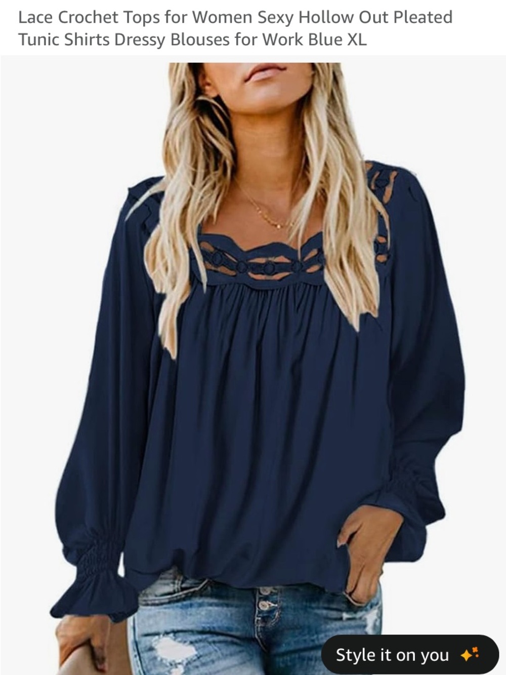 Lace Crochet Hollow-Out Navy Blue Women's Blouse